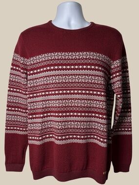 edc by Esprit Men's Sweater Maroon Fair Isle Nordic Cotton Knit Pullover Crew L